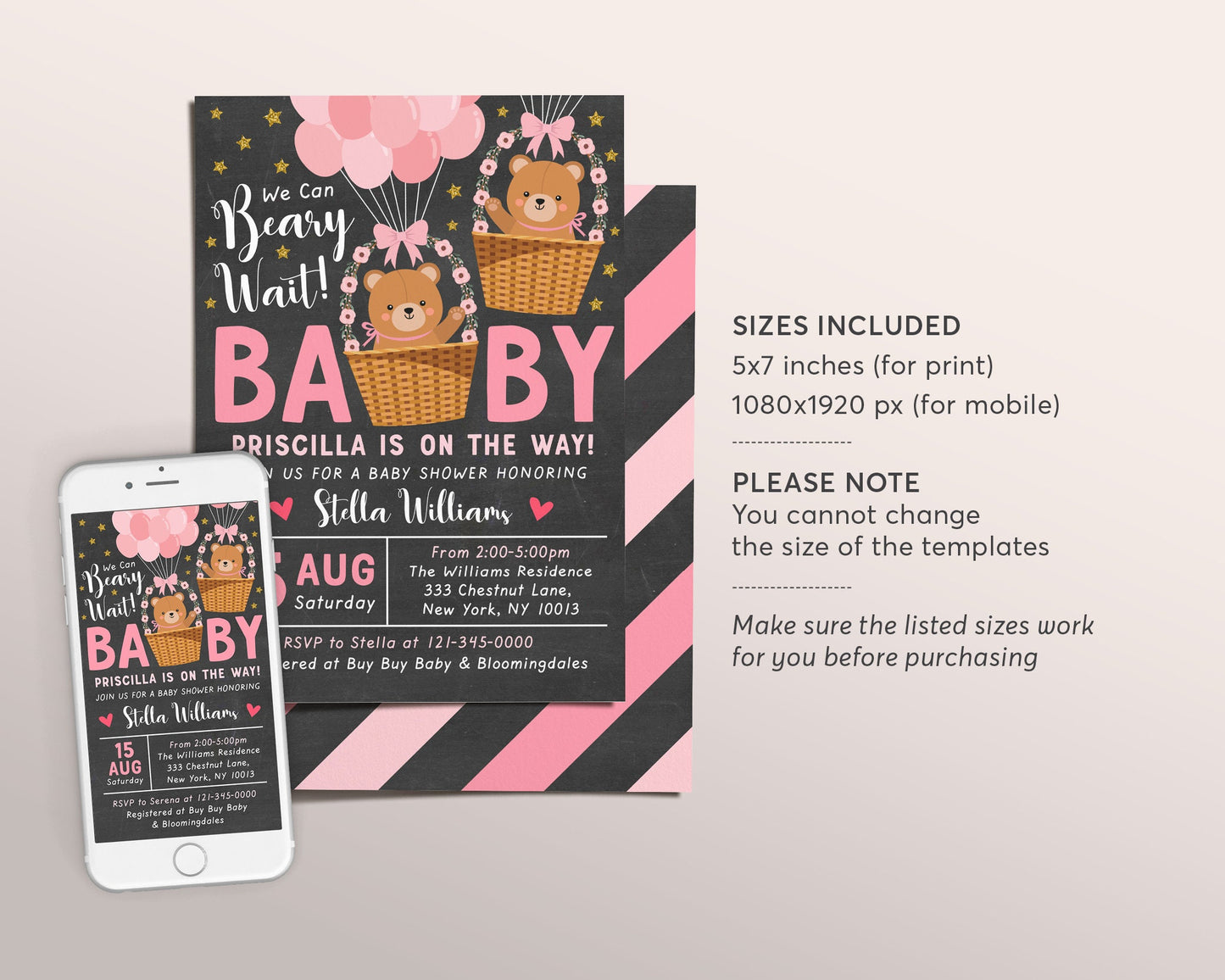 Teddy Bear GIRL Balloons Baby Shower Invitation Editable Template, Bear Theme Hot Air Balloon Baby Sprinkle Invite, We Can Bearly Wait