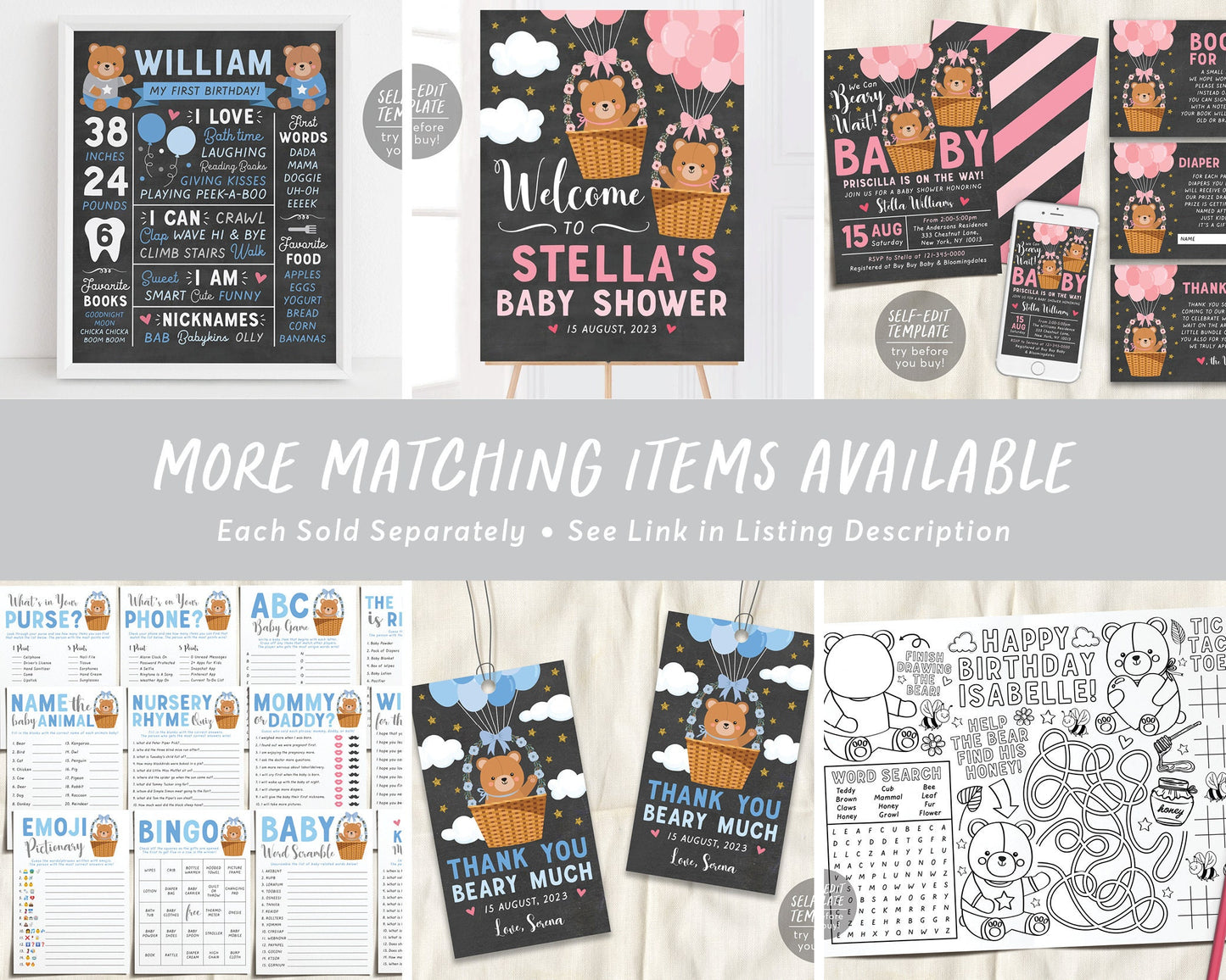 Teddy Bear BOY BUNDLE Balloons Baby Shower Invitation Editable Template, Bear Hot Air Balloon Baby Sprinkle Invite Set, We Can Bearly Wait