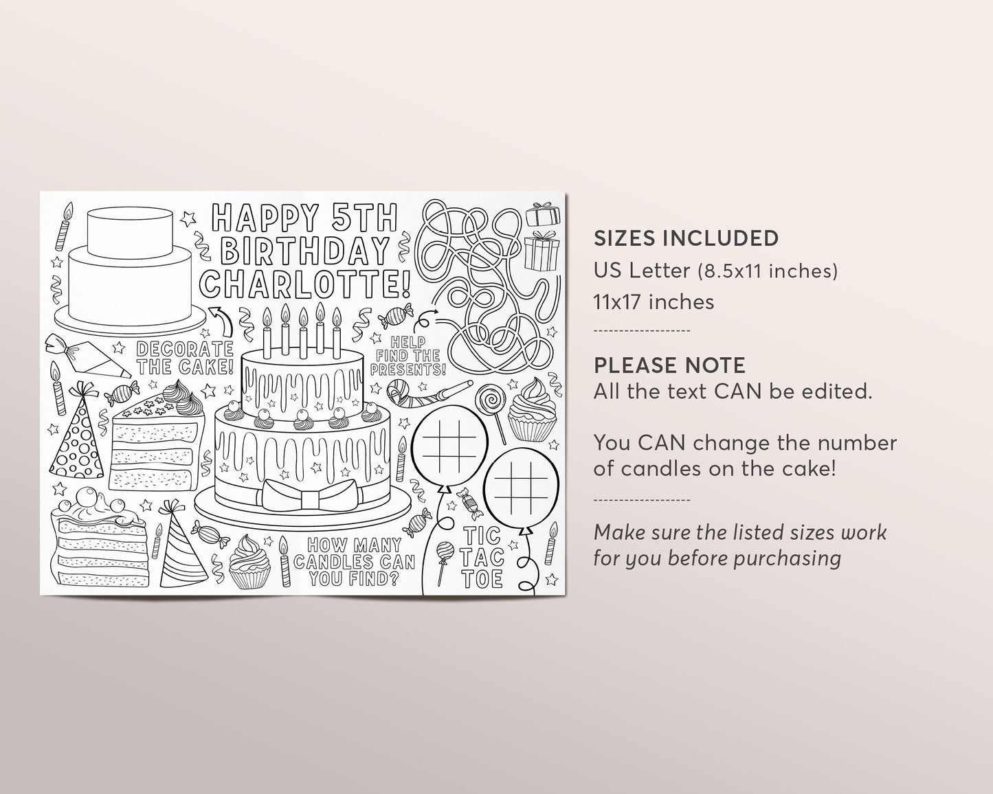 Birthday Party Coloring Placemat For Kids Editable Template, Birthday Cake Coloring Page Craft Activity Sheet Table Mat Printable Games