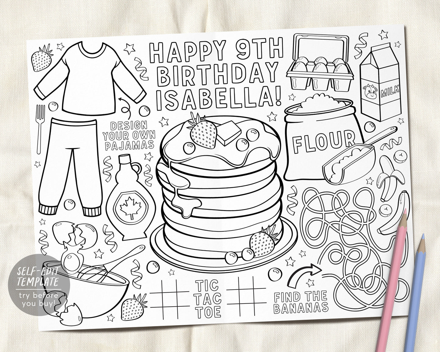 Pancakes And Pajamas Coloring Placemat For Kids Editable Template, Birthday Pancake Party Coloring Page Sheet Table Mat, PJ Sleepover