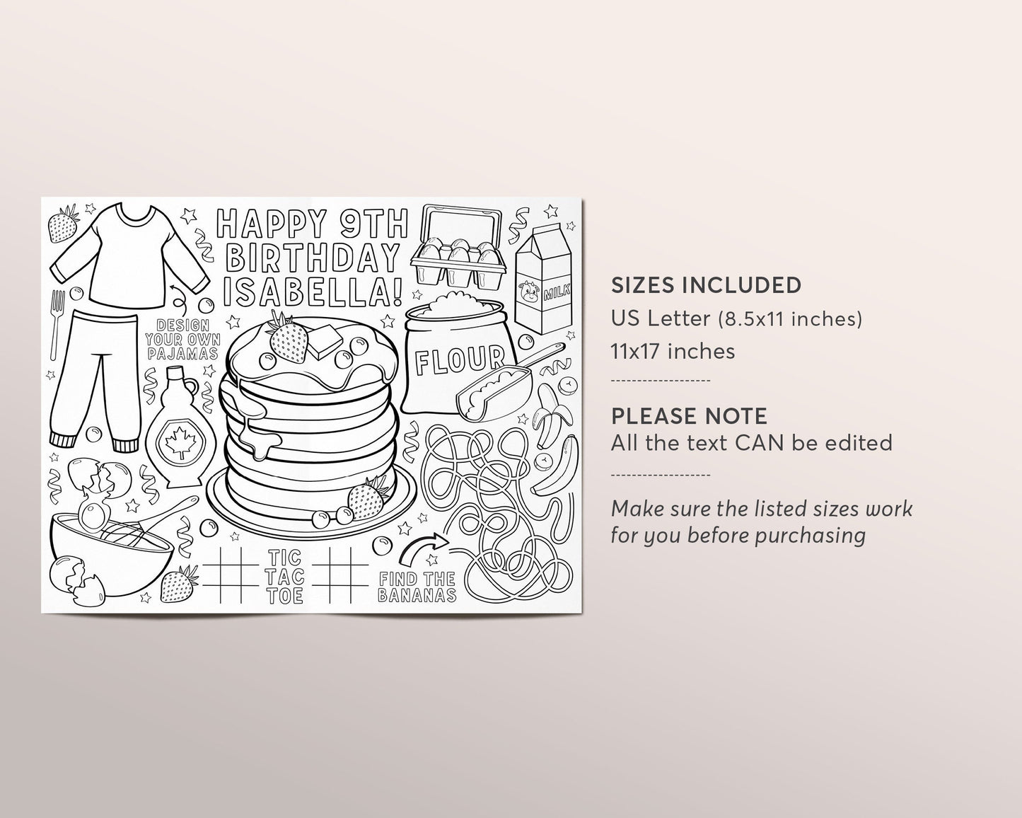 Pancakes And Pajamas Coloring Placemat For Kids Editable Template, Birthday Pancake Party Coloring Page Sheet Table Mat, PJ Sleepover