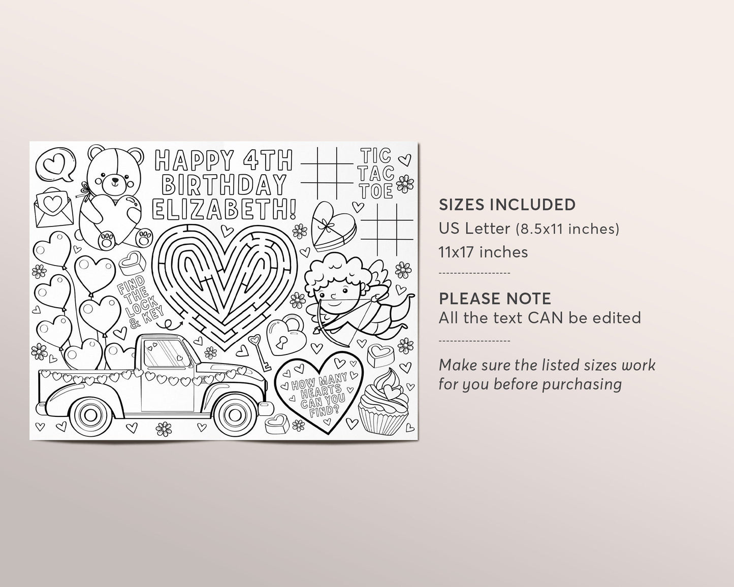 Valentine Coloring Placemat For Kids Editable Template, Valentines Day Themed Birthday Party Coloring Page Sheet Table Mat, Cupid Hearts