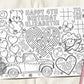 Valentine Coloring Placemat For Kids Editable Template, Valentines Day Themed Birthday Party Coloring Page Sheet Table Mat, Cupid Hearts