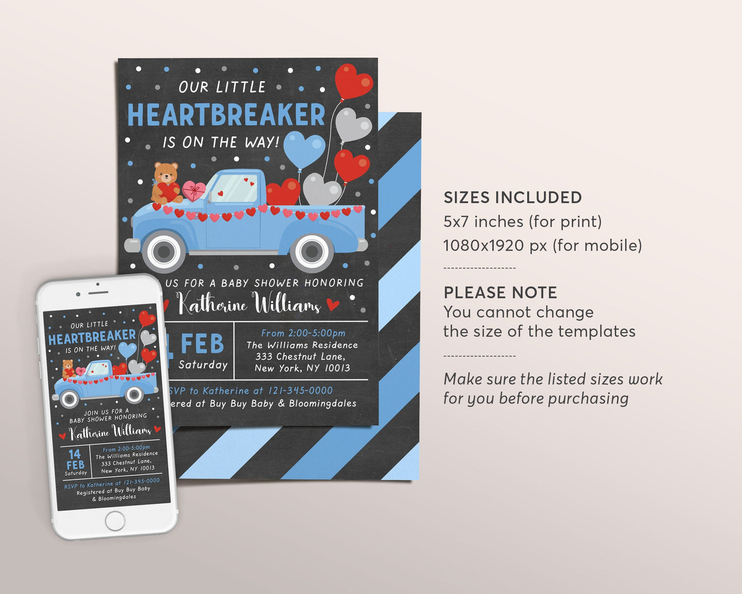 Valentine BOY Baby Shower Invitation Editable Template, Little Heartbreaker February Truck Baby Sprinkle, Valentine's Day Love Hearts