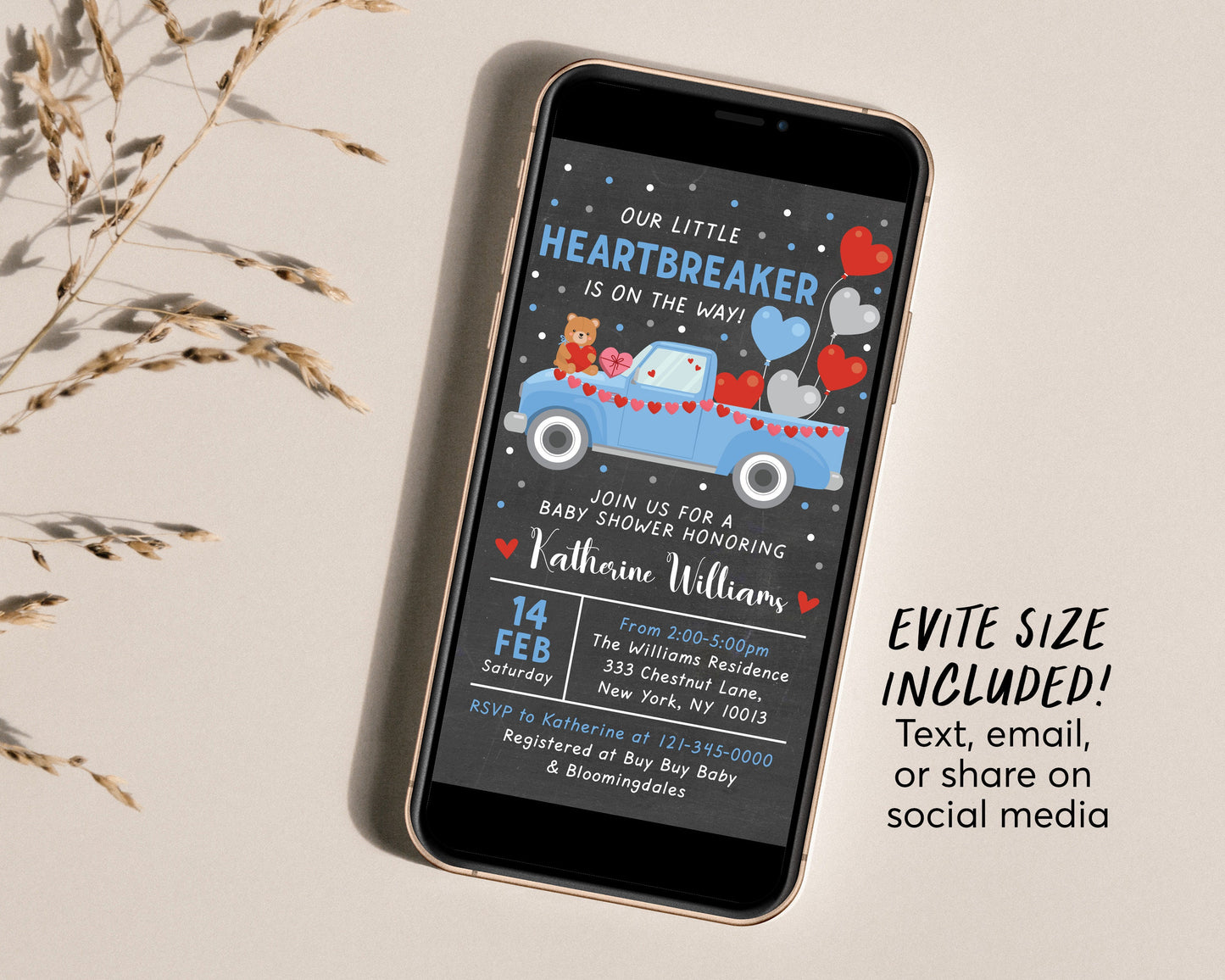 Valentine BOY Baby Shower Invitation Editable Template, Little Heartbreaker February Truck Baby Sprinkle, Valentine's Day Love Hearts