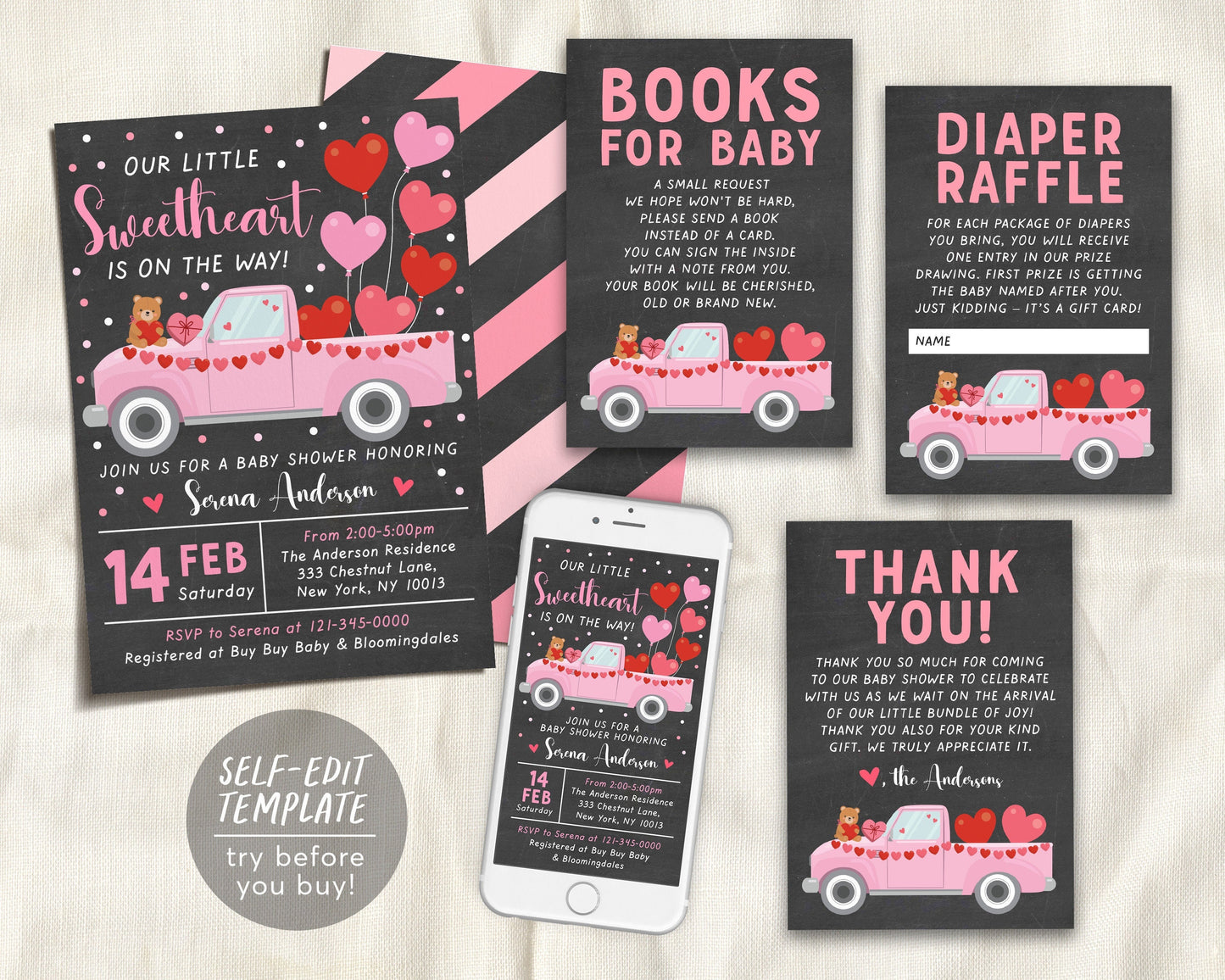 Valentine's Day GIRL Baby Shower BUNDLE Invitation Suite Set Editable Template, Little Sweetheart Books For Baby Diaper Raffle Thank You
