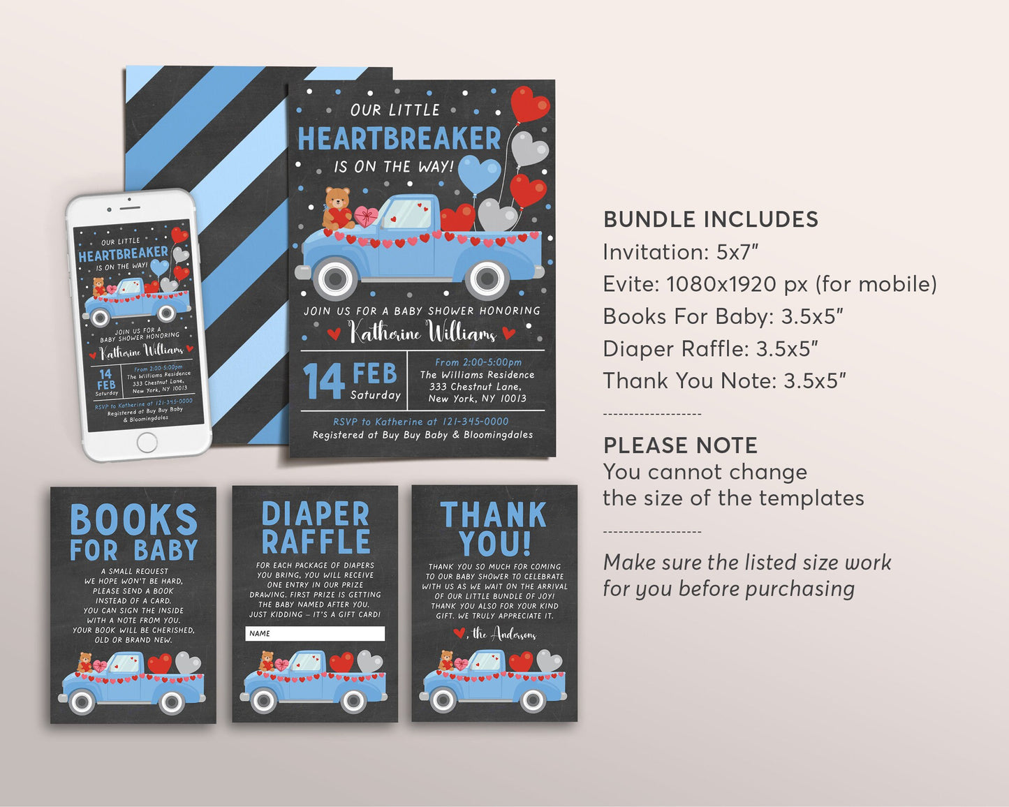 Valentine's Day BOY Baby Shower BUNDLE Invitation Suite Set Editable Template, Little Heartbreaker Books For Baby Diaper Raffle Thank You