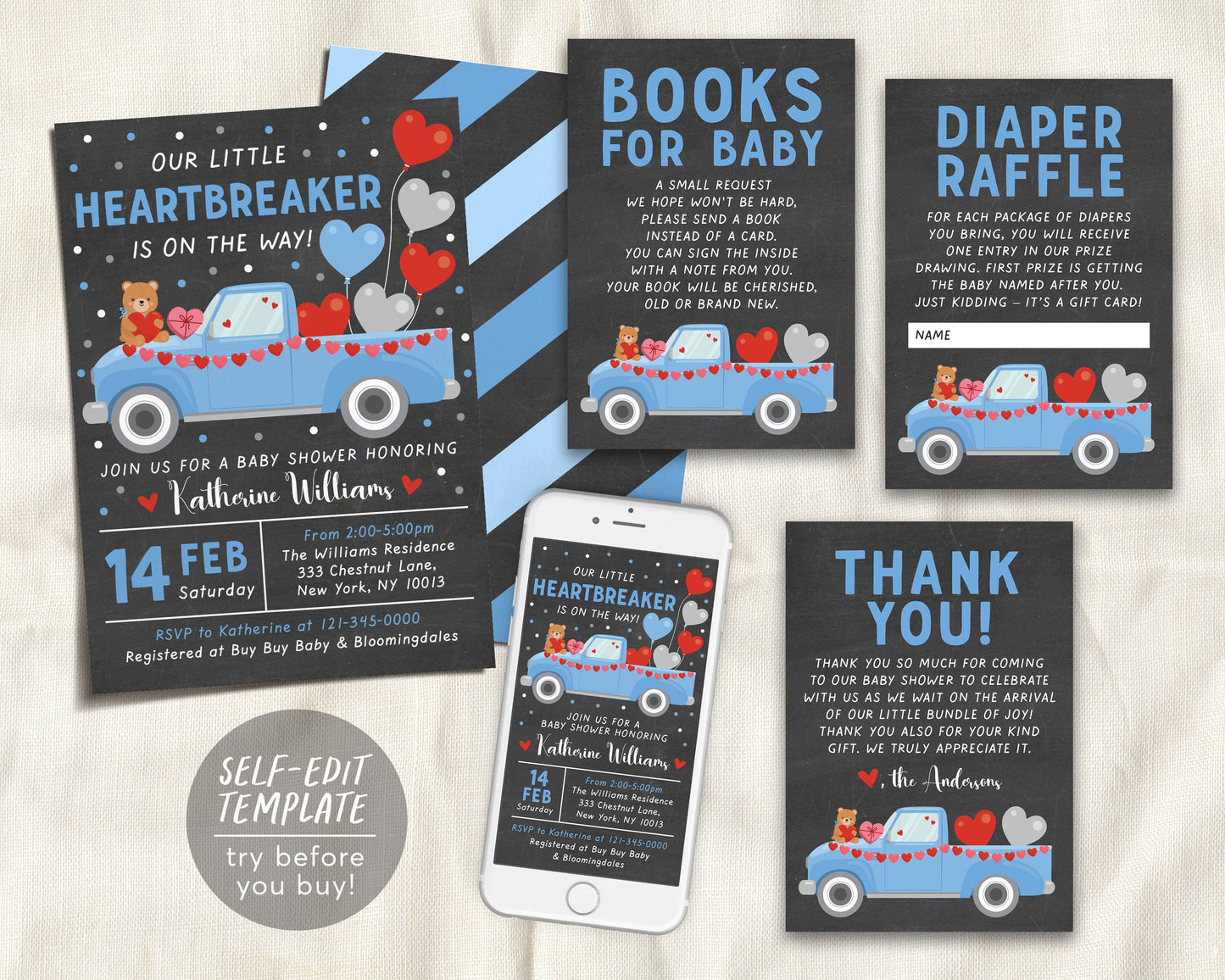 Valentine's Day BOY Baby Shower BUNDLE Invitation Suite Set Editable Template, Little Heartbreaker Books For Baby Diaper Raffle Thank You