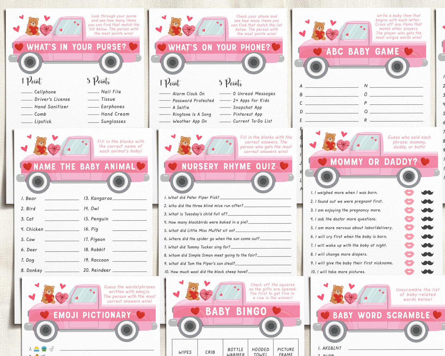 Valentine Love Heart GIRL Baby Shower Games Bundle Editable Template, 12 Shower Games, Valentines Day Themed Sweetheart Bingo Emoji