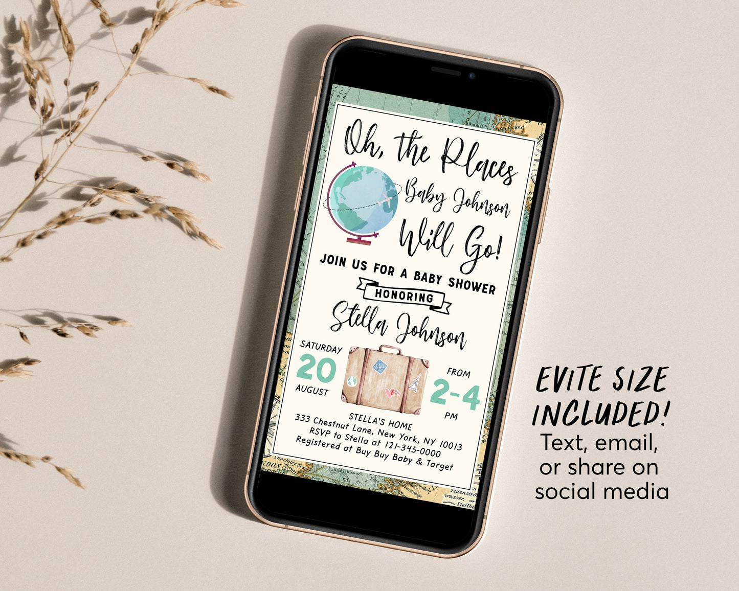 World Map Travel Globe Baby Shower BUNDLE Invitation Suite Set Editable Template, Books For Baby Diaper Raffle Thank You, Unisex Adventure