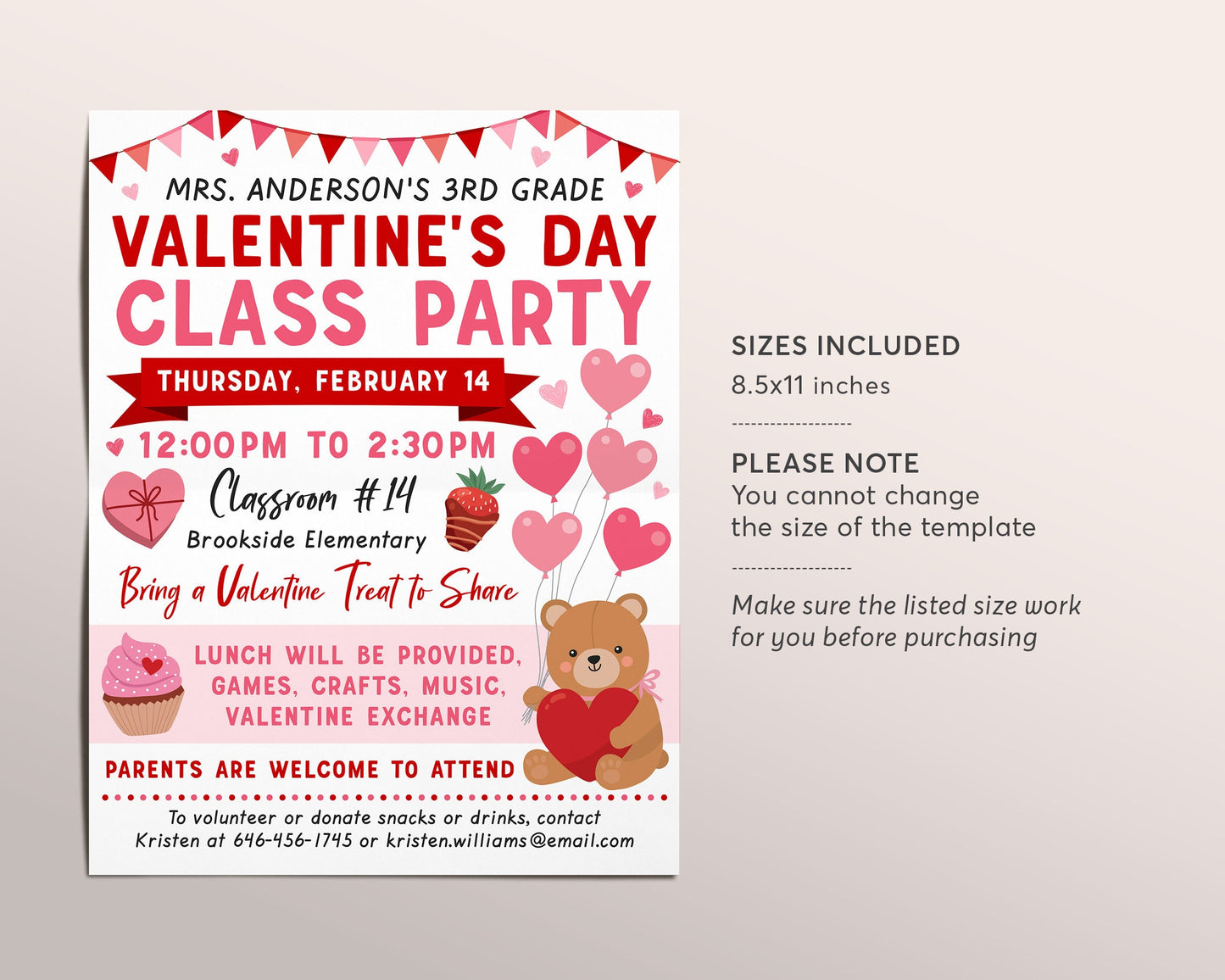 Valentine's Day Class Party Invitation Flyer Editable Template, School Valentine Exchange Classroom Party Printable, School PTA PTO Parents
