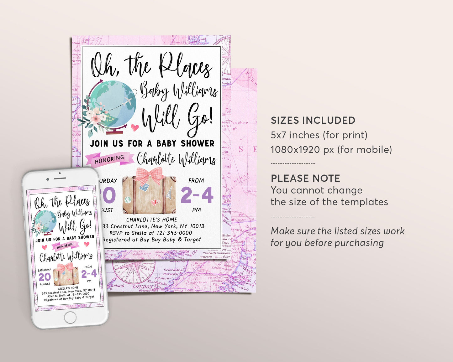 World Map Travel Globe Baby Girl Shower Invitation Editable Template, Oh The Places You Will Go Floral Evite, Adventure Awaits Welcome World