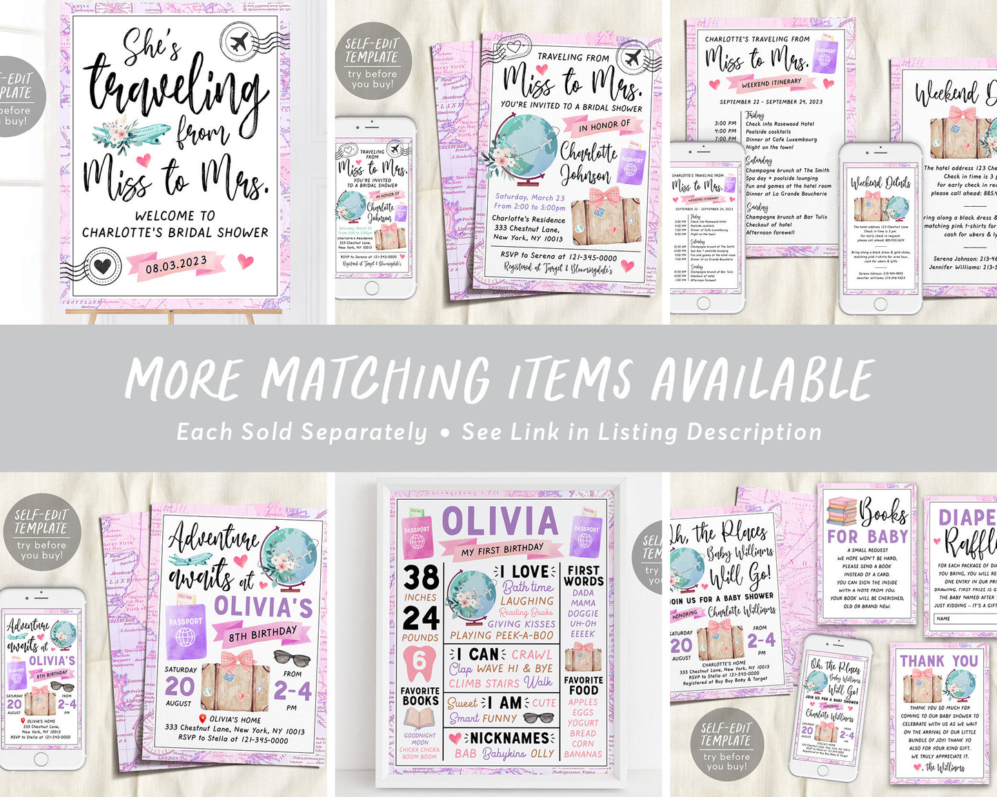 Traveling from Miss to Mrs Invitation Editable Template, Travel Bridal Shower Invite Printable, Vintage World Map Globe Passport Suitcase