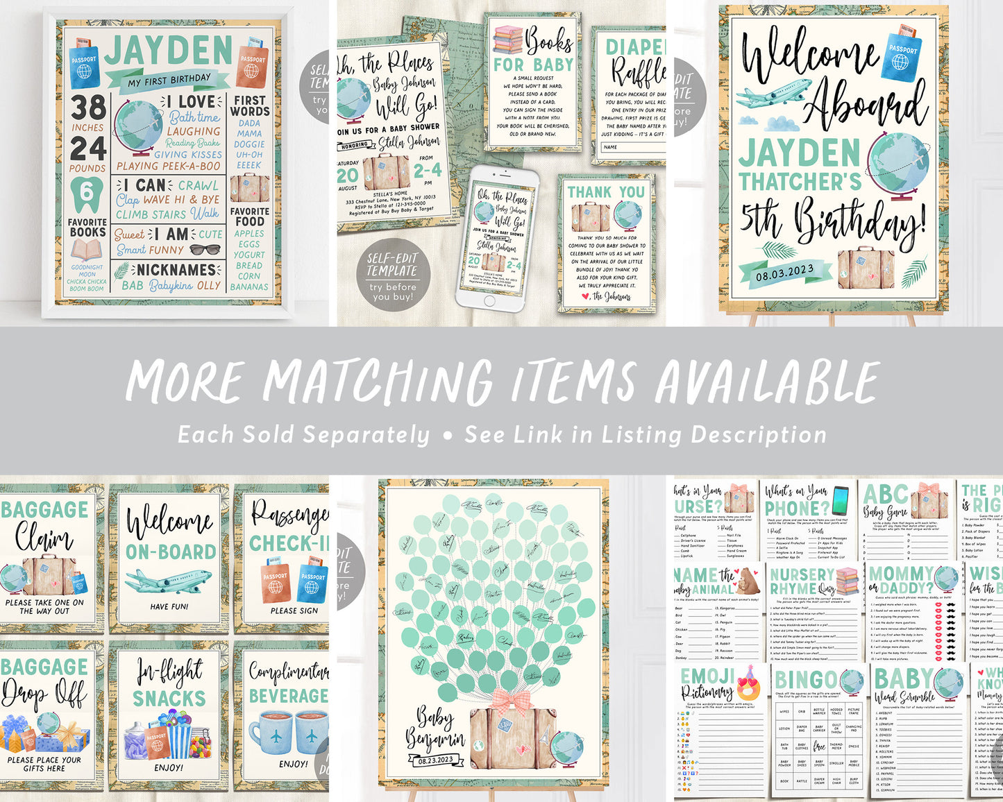 World Map Travel Globe Baby Shower BUNDLE Invitation Suite Set Editable Template, Books For Baby Diaper Raffle Thank You, Unisex Adventure
