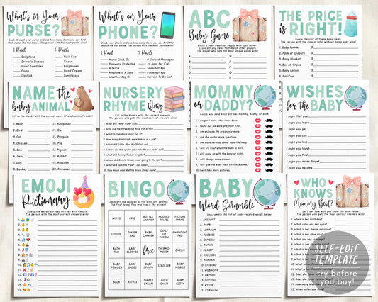 Travel Adventure Baby Shower Games Bundle Editable Template, Unisex 12 Shower Games, Globe Themed Bingo Word Scramble, What's On Your Phone