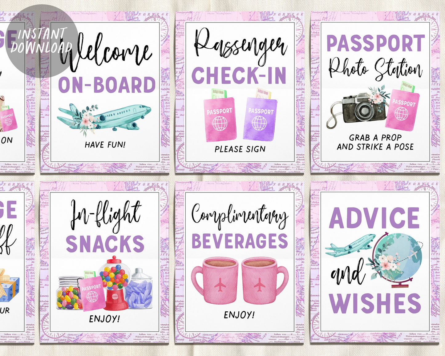 Airplane Travel Signs BUNDLE For Wedding Baby Shower Birthday, Floral Airline Themed Birthday Table Decor, Around the World Adventure Bridal