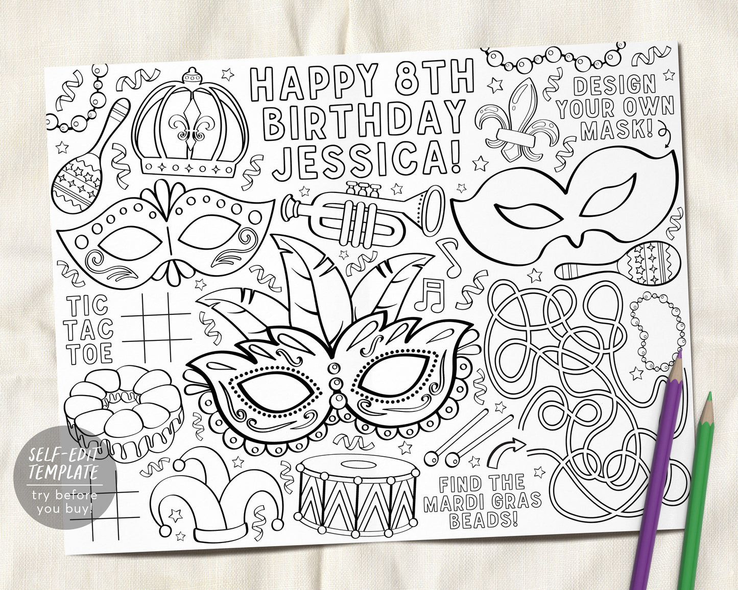 Mardi Gras Coloring Placemat For Kids Editable Template, Masquerade Ball Carnival Birthday Party Coloring Page Sheet Table Mat Activity