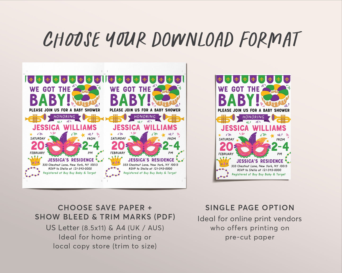 Mardi Gras Baby Shower Invitation Editable Template, We got the Baby, King Cake New Orleans Fat Tuesday Invite Printable, New to the Krewe