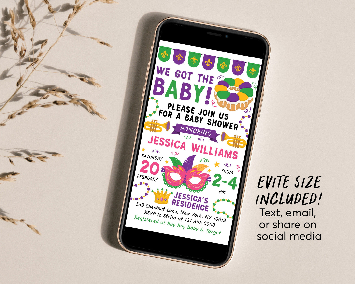 Mardi Gras Baby Shower BUNDLE Invitation Suite Set Editable Template, Books For Baby Diaper Raffle Thank You, Unisex We got the Baby