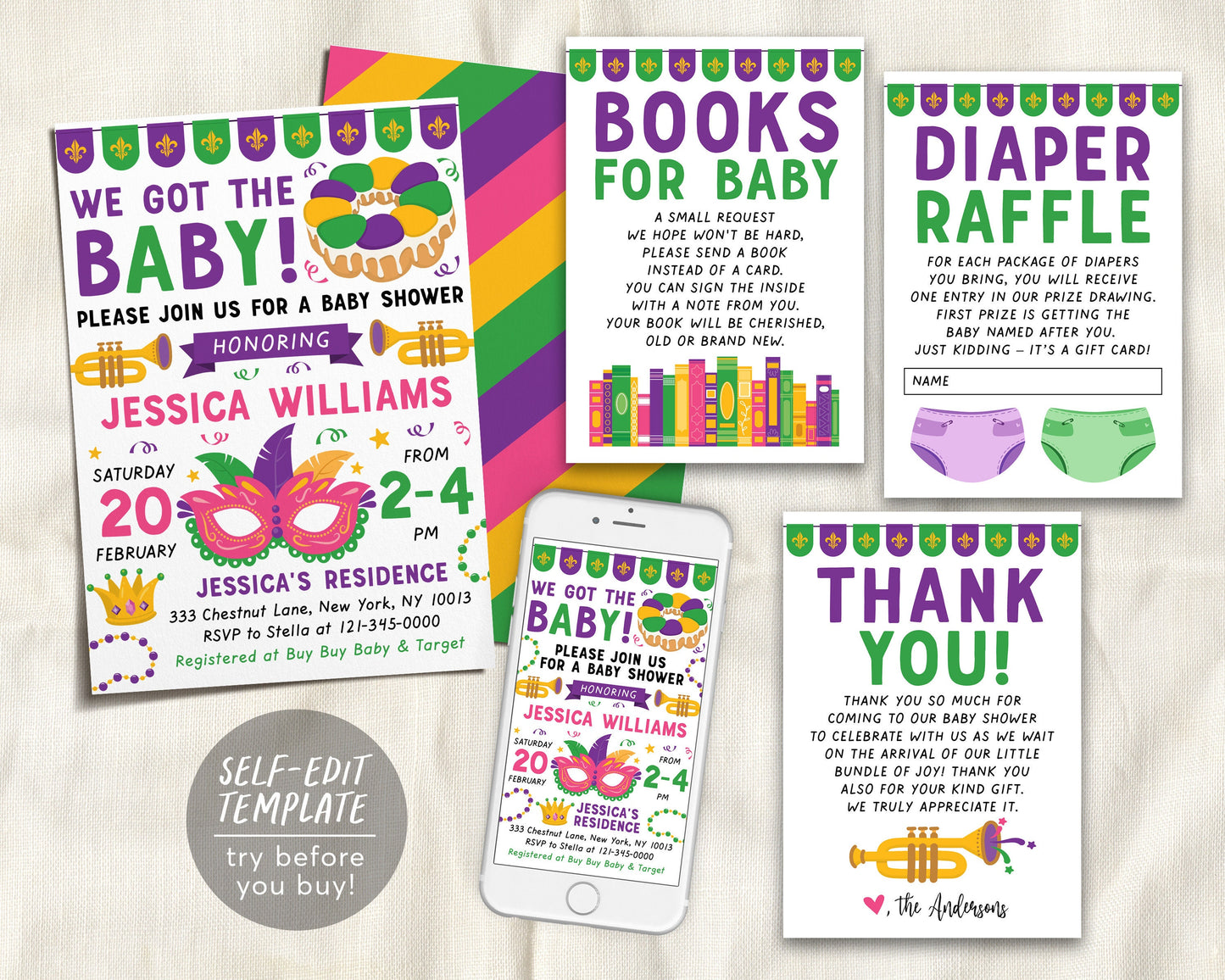 Mardi Gras Baby Shower BUNDLE Invitation Suite Set Editable Template, Books For Baby Diaper Raffle Thank You, Unisex We got the Baby