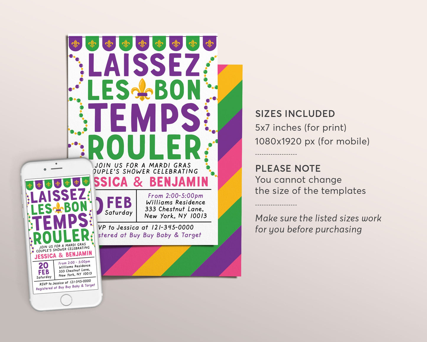 Mardi Gras Couples Shower Invitation Editable Template, Laissez Les Bon Temps Rouler Baby Shower Invite, We got the Baby Evite, Fat Tuesday