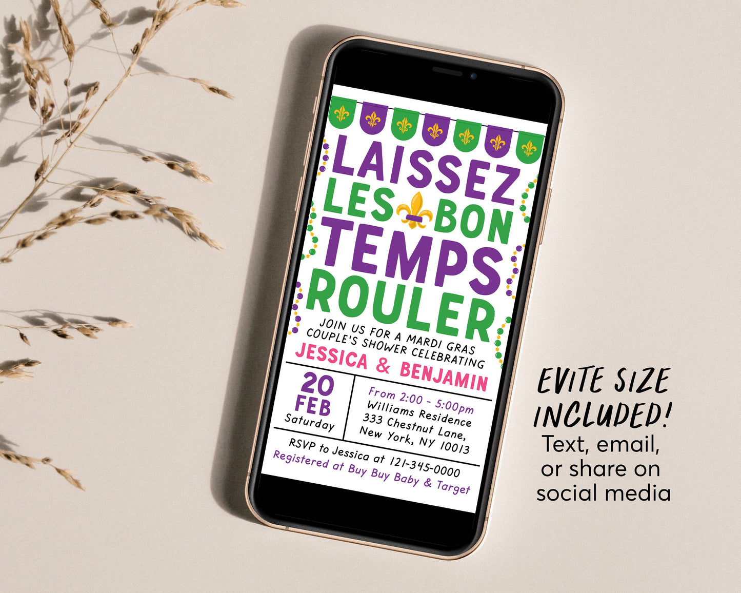 Mardi Gras Couples Shower Invitation Editable Template, Laissez Les Bon Temps Rouler Baby Shower Invite, We got the Baby Evite, Fat Tuesday