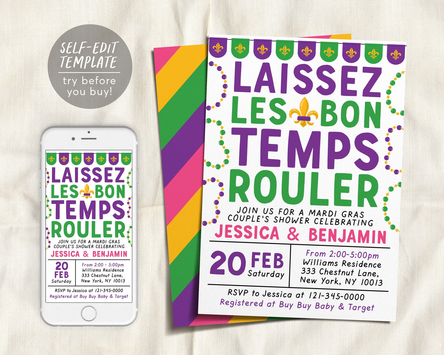 Mardi Gras Couples Shower Invitation Editable Template, Laissez Les Bon Temps Rouler Baby Shower Invite, We got the Baby Evite, Fat Tuesday