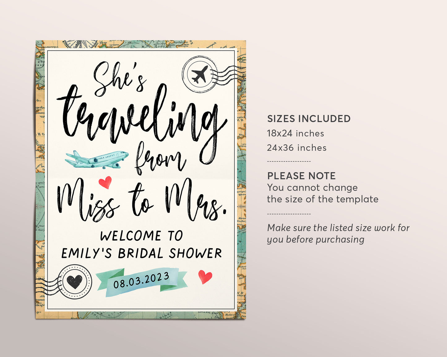 Bridal Shower She's Traveling from Miss to Mrs Printable Welcome Sign Editable Template, Vintage Travel Theme Destination Wedding Poster