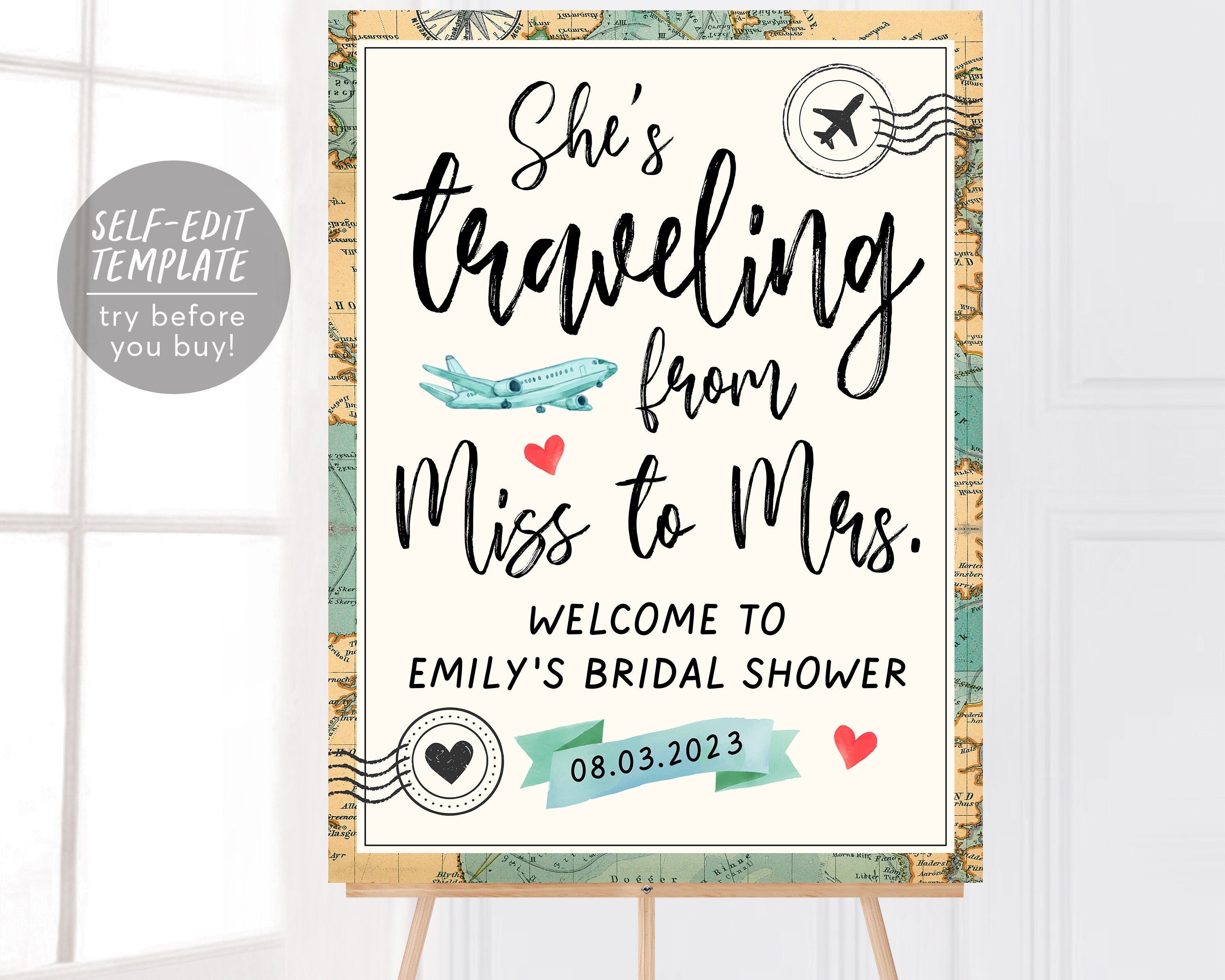 Bridal Shower She's Traveling from Miss to Mrs Printable Welcome Sign –  Puff Paper Co