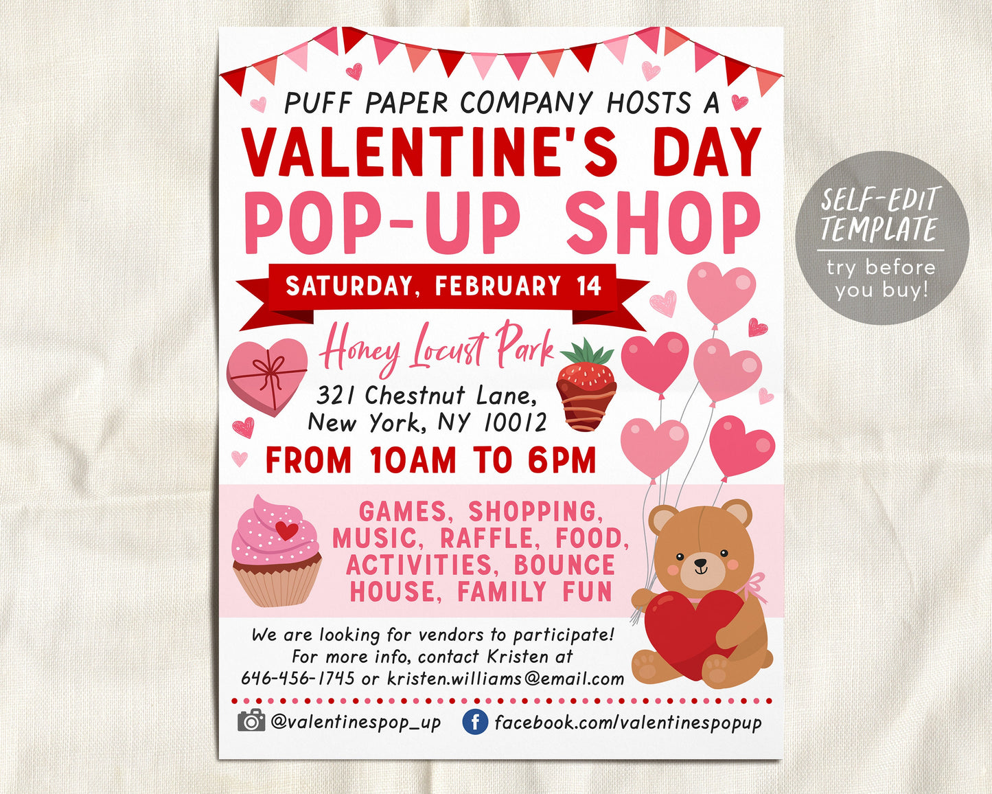 Valentine's Day Pop Up Shop Flyer Editable Template, Valentine Party Shopping Pop Up Store Fundraiser, Business Charity Non Profit Event