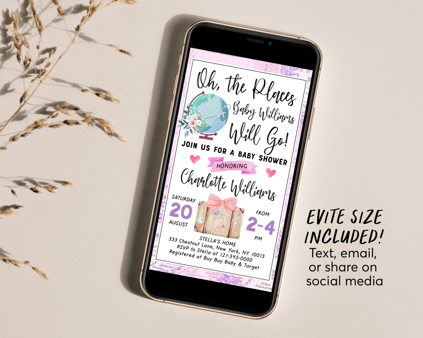 World Map Travel Globe Baby Girl Shower Invitation Editable Template, Oh The Places You Will Go Floral Evite, Adventure Awaits Welcome World