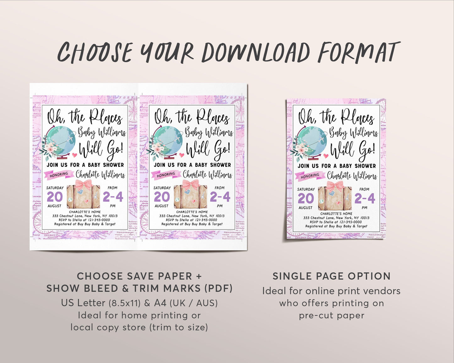 World Map Travel Globe Baby Girl Shower Invitation Editable Template, Oh The Places You Will Go Floral Evite, Adventure Awaits Welcome World