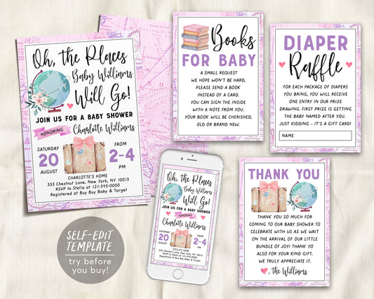 World Map Travel Globe Girl Baby Shower BUNDLE Invitation Suite Set Editable Template, Floral Books Baby Diaper Raffle Thank You Adventure