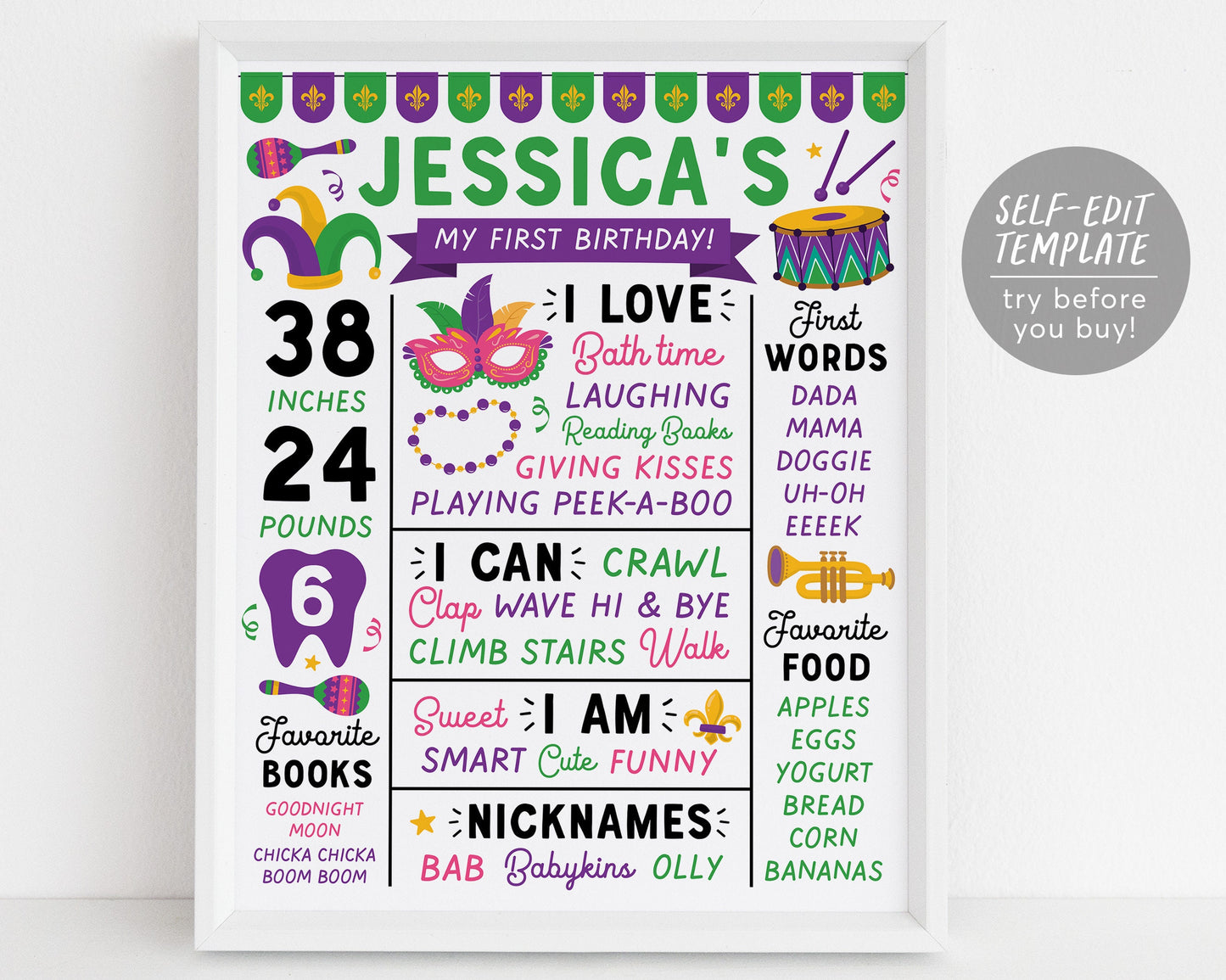 Mardi Gras Milestone First Birthday Sign Editable Template, Fat Tuesday 1st Birthday Stats Poster, Masquerade Carnival Mask, Girl Boy Unisex