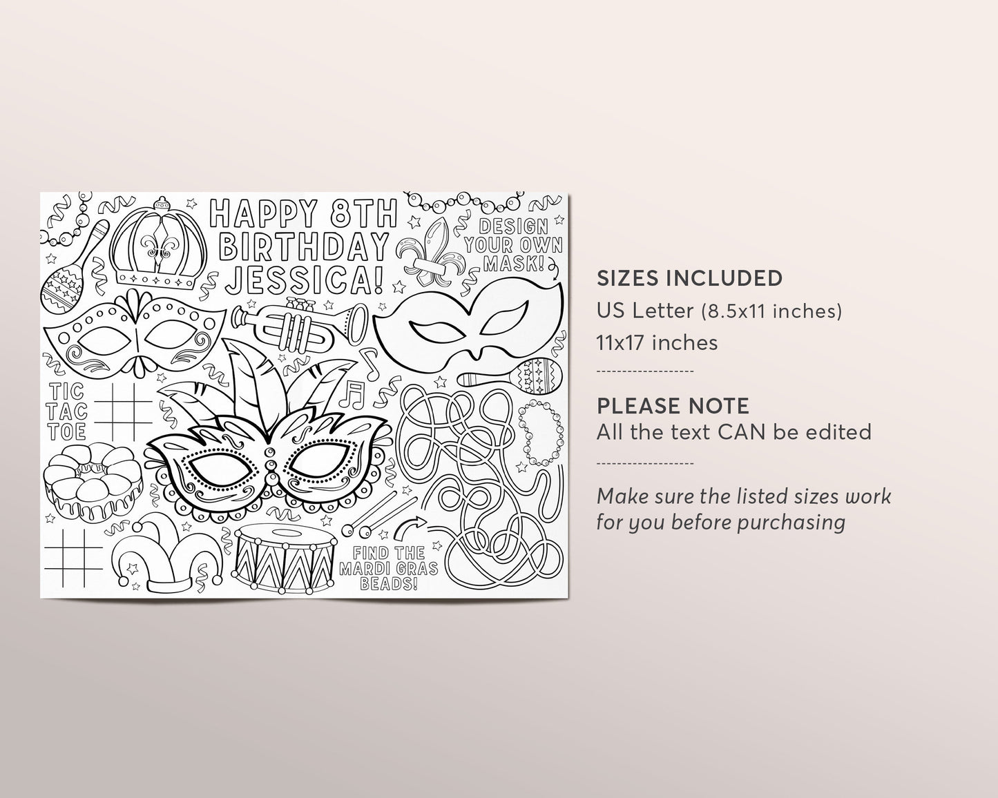 Mardi Gras Coloring Placemat For Kids Editable Template, Masquerade Ball Carnival Birthday Party Coloring Page Sheet Table Mat Activity