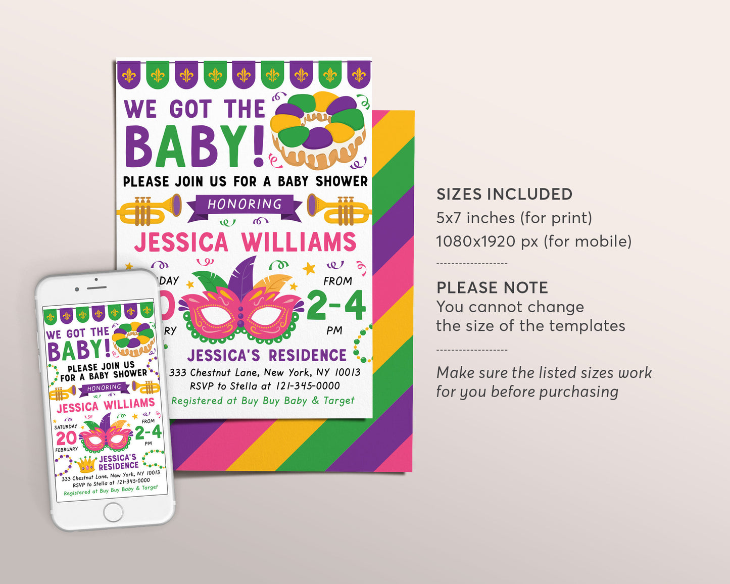 Mardi Gras Baby Shower Invitation Editable Template, We got the Baby, King Cake New Orleans Fat Tuesday Invite Printable, New to the Krewe