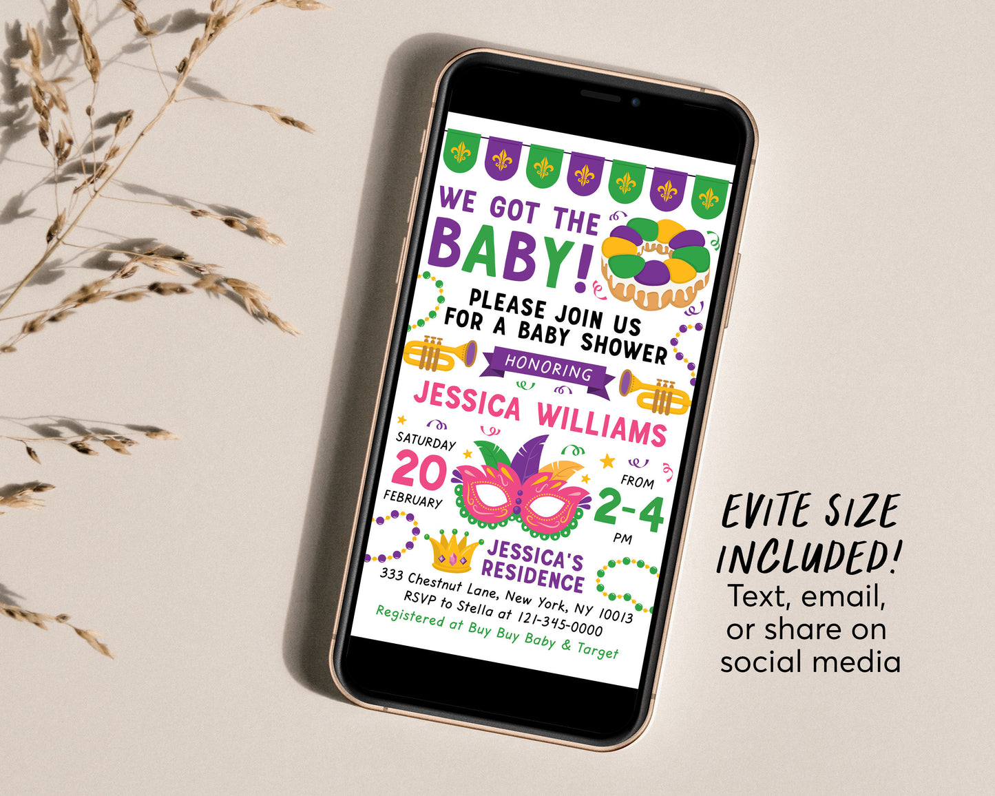 Mardi Gras Baby Shower Invitation Editable Template, We got the Baby, King Cake New Orleans Fat Tuesday Invite Printable, New to the Krewe