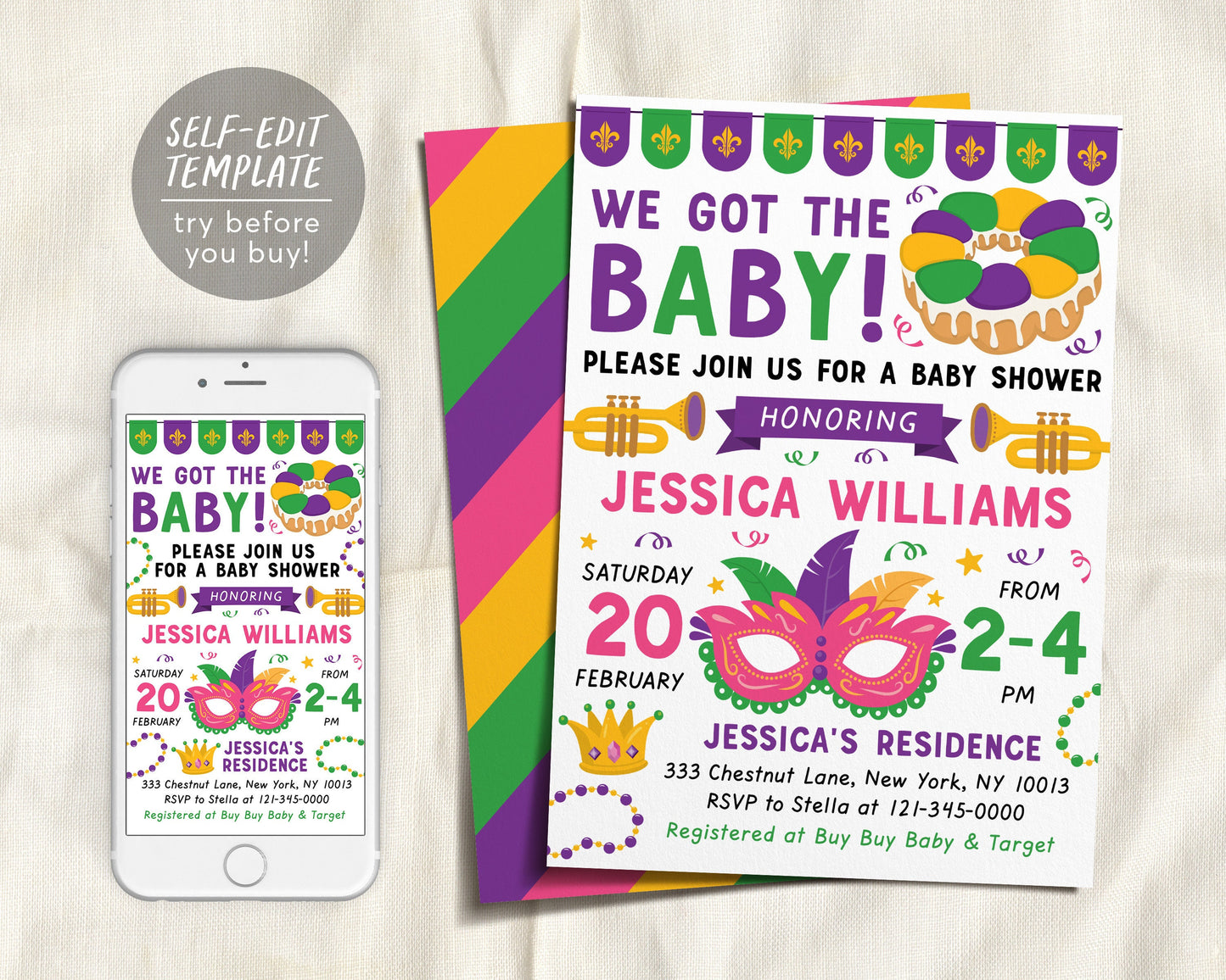 Mardi Gras Baby Shower Invitation Editable Template, We got the Baby, King Cake New Orleans Fat Tuesday Invite Printable, New to the Krewe