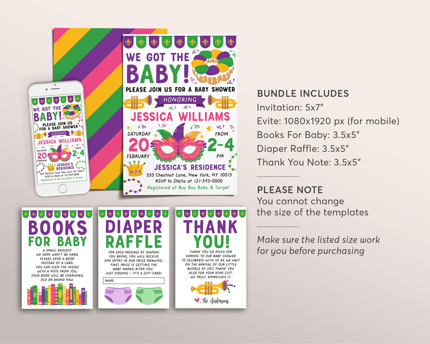 Mardi Gras Baby Shower BUNDLE Invitation Suite Set Editable Template, Books For Baby Diaper Raffle Thank You, Unisex We got the Baby
