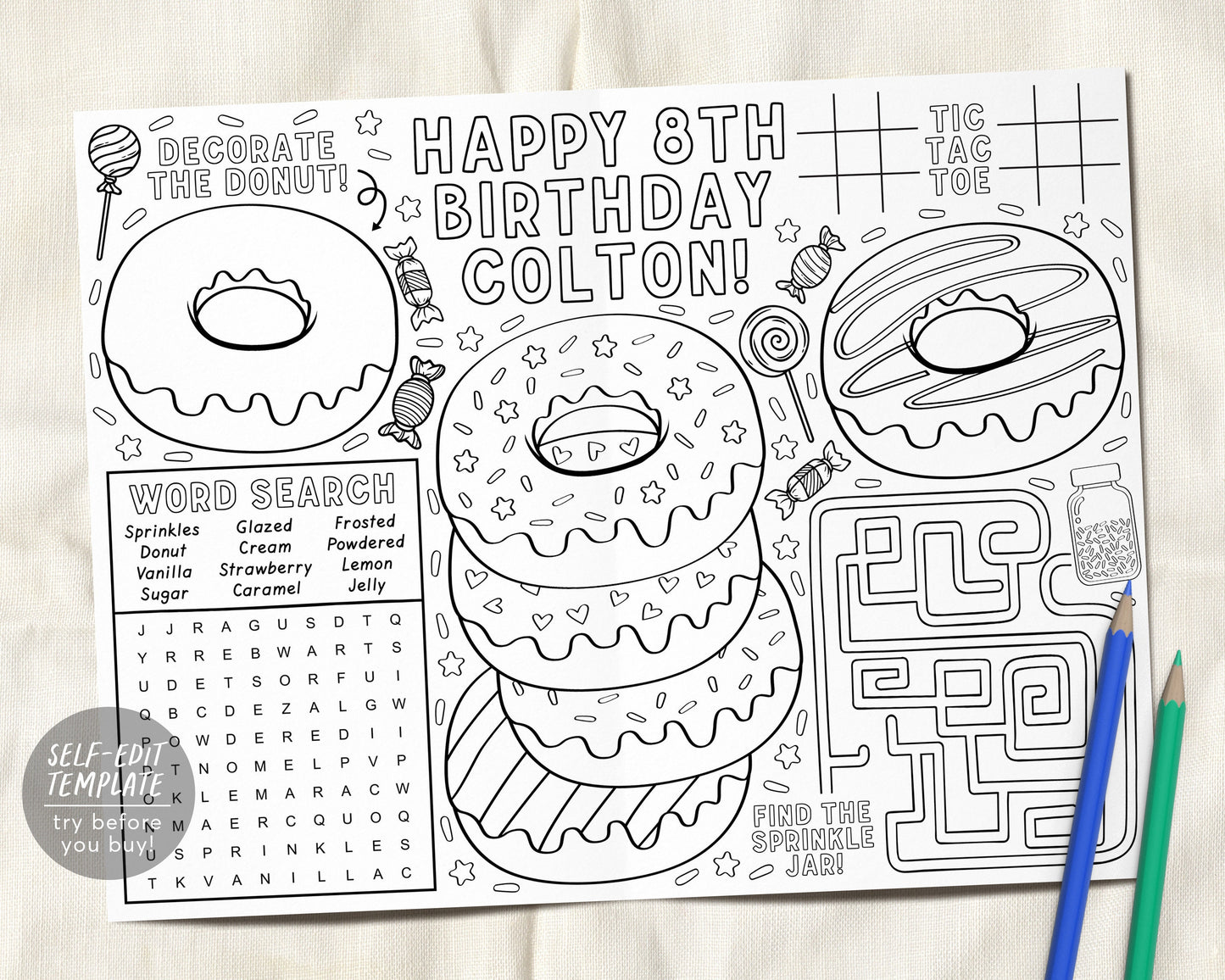 Donut Birthday Party Coloring Placemat For Kids Editable Template, Sweet One Candy Coloring Page Activity Sheet Table Mat Printable Games