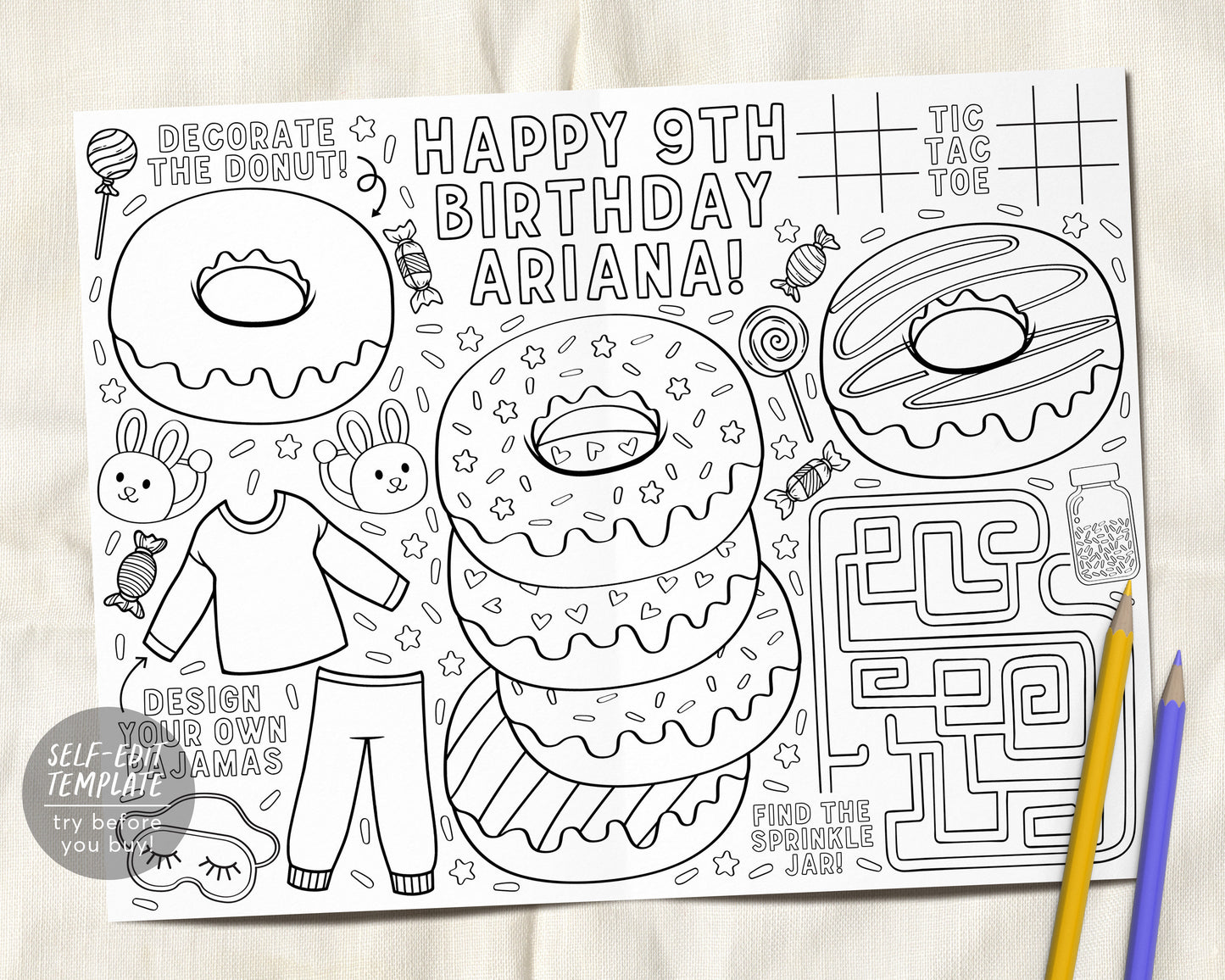 Donuts and Pajamas Birthday Party Coloring Placemat For Kids Editable Template, PJ Party Sleepover Coloring Page Activity Sheet Table Mat