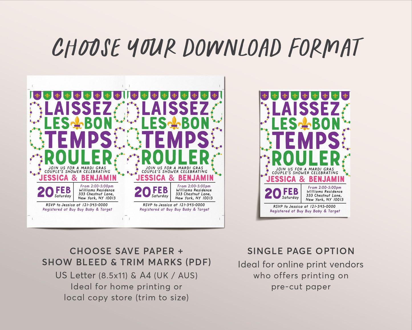 Mardi Gras Couples Shower Invitation Editable Template, Laissez Les Bon Temps Rouler Baby Shower Invite, We got the Baby Evite, Fat Tuesday