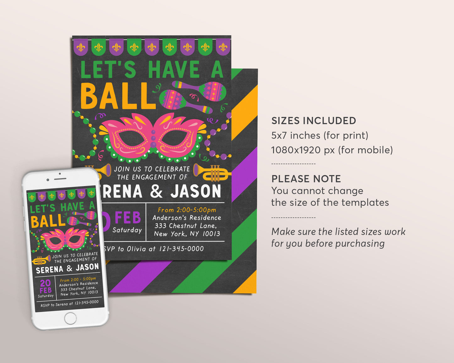 Mardi Gras Engagement Couples Shower Party Invitation Editable Template, Lets Have A Ball Bridal Shower Invite, Fat Tuesday Masquerade Ball