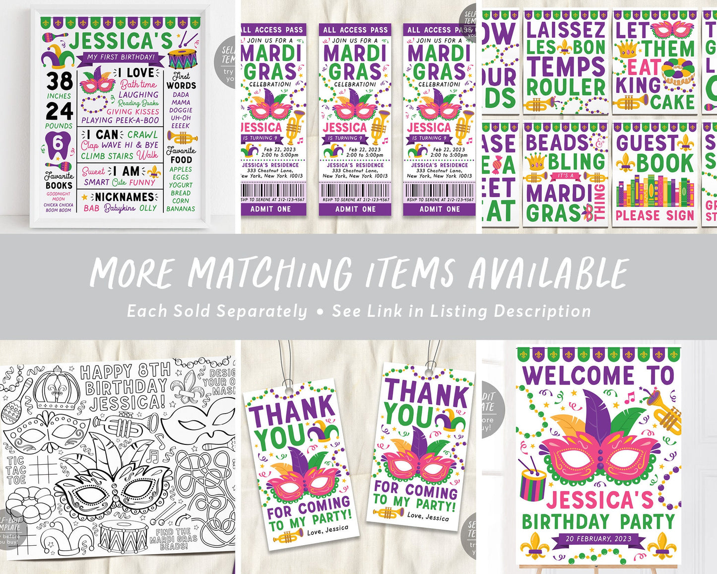 Mardi Gras Milestone First Birthday Sign Editable Template, Fat Tuesday 1st Birthday Stats Poster, Masquerade Carnival Mask, Girl Boy Unisex