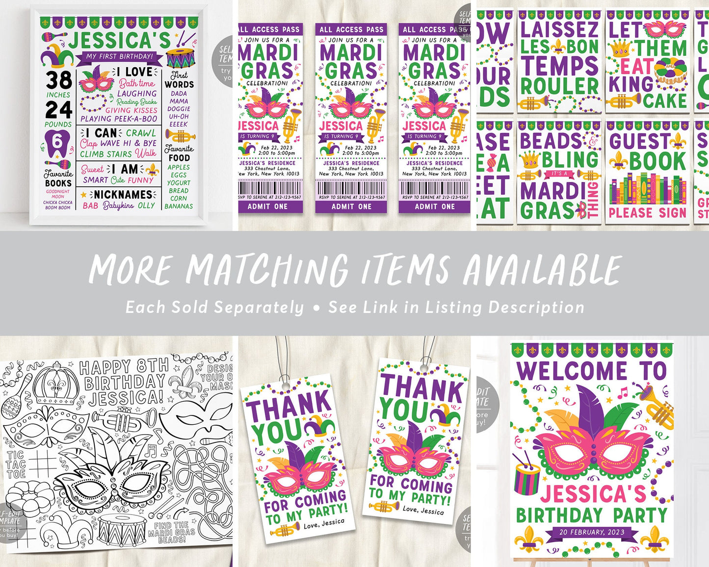 Mardi Gras Baby Shower BUNDLE Invitation Suite Set Editable Template, Books For Baby Diaper Raffle Thank You, Unisex We got the Baby