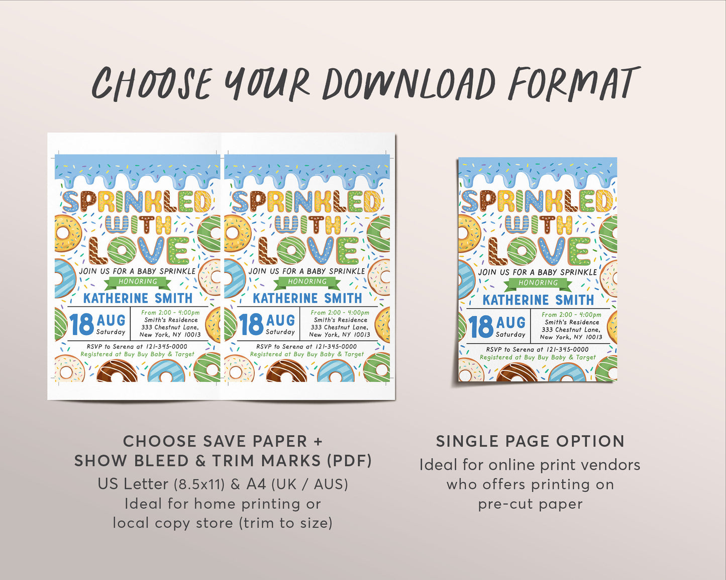Donut Baby Sprinkle Baby Shower Invitation Editable Template, Boy Pink Donut Sprinkled With Love Invite Evite, Donuts and Diapers Printable