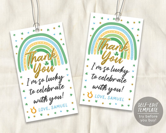 St Patricks Day Rainbow Gift Tag Editable Template, Shamrock Boy First Birthday Party Favor Tags, St Pattys Day Printable Treat Tag Decor