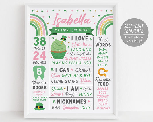 St. Patrick's Day Milestone First Birthday Sign GIRL Editable Template, Shamrock Party 1st Birthday Stats Poster, St Pattys Day Printable