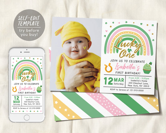 St. Patricks Day First Birthday Invitation With Photo Editable Template, Lucky One GIRL Shamrock Green Rainbow Party Invite Printable Evite