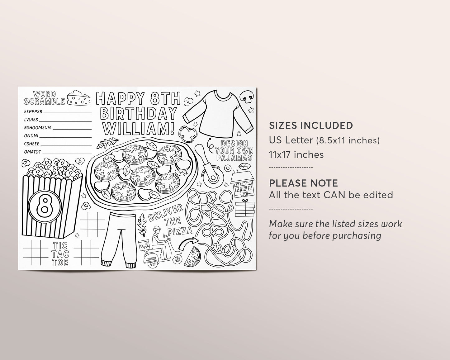 Pizza Popcorn and Pajamas Party Placemat Editable Template, Pizza Sleepover Coloring Page, Printable Movie Night Birthday Activity Table Mat
